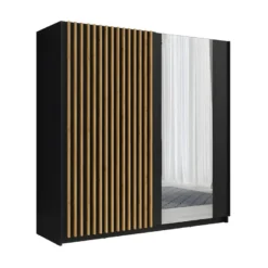 Armoire Design 200cm Coloris Noir Et Chêne Collection STRANO. Deux Portes Coulissantes. Dressing Complet Avec Miroir.