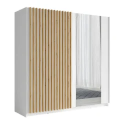 Armoire Design 200cm Coloris Blanc Et Chêne Collection STRANO. Deux Portes Coulissantes. Dressing Complet Avec Miroir.