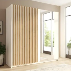 Armoire Design 200cm Coloris Blanc Et Chêne Collection STRANO. Deux Portes Coulissantes. Dressing Complet Avec Miroir. 7 Armoire Design 200cm Coloris Blanc Et Chêne Collection STRANO. Deux Portes Coulissantes. Dressing Complet Avec Miroir. -Sominova Soldes Boutique armoire et dressing 18375665