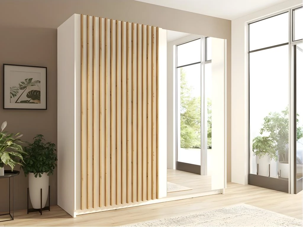 Armoire Design 200cm Coloris Blanc Et Chêne Collection STRANO. Deux Portes Coulissantes. Dressing Complet Avec Miroir. 5 Armoire Design 200cm Coloris Blanc Et Chêne Collection STRANO. Deux Portes Coulissantes. Dressing Complet Avec Miroir. – Image 3