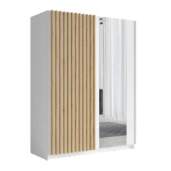 Armoire Design 150cm Coloris Blanc Et Chêne Collection STRANO. Deux Portes Coulissantes. Dressing Complet Avec Miroir.
