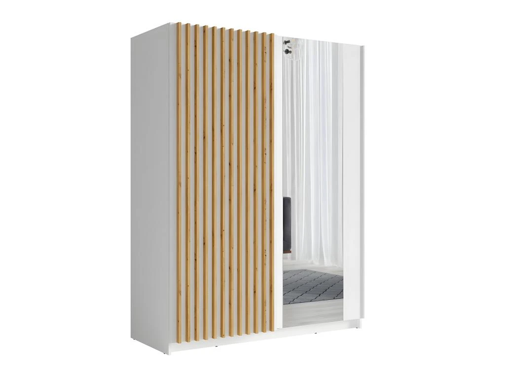 Armoire Design 150cm Coloris Blanc Et Chêne Collection STRANO. Deux Portes Coulissantes. Dressing Complet Avec Miroir. 3 Armoire Design 150cm Coloris Blanc Et Chêne Collection STRANO. Deux Portes Coulissantes. Dressing Complet Avec Miroir.
