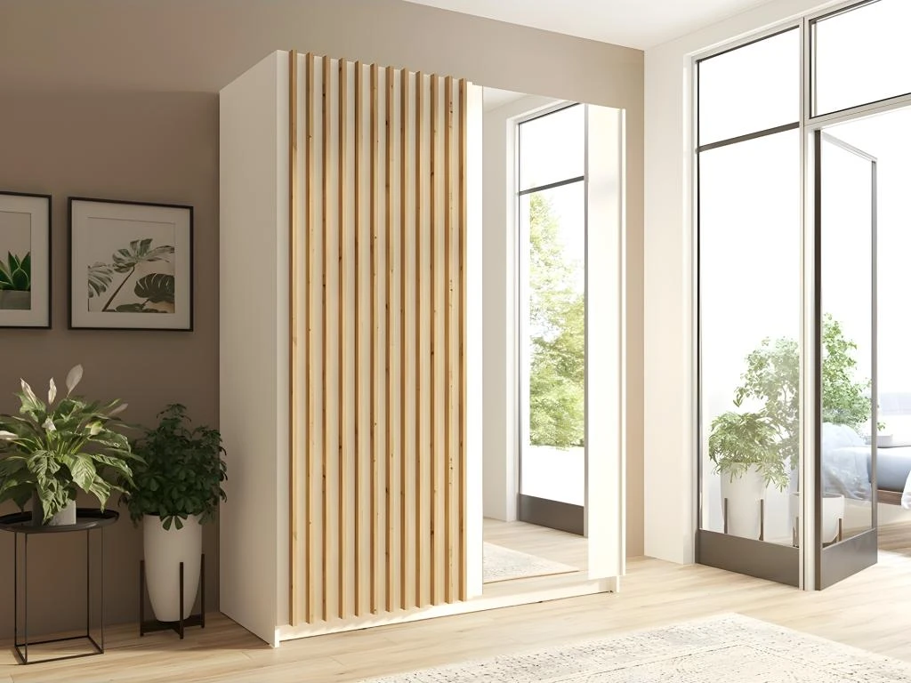 Armoire Design 150cm Coloris Blanc Et Chêne Collection STRANO. Deux Portes Coulissantes. Dressing Complet Avec Miroir. 4 Armoire Design 150cm Coloris Blanc Et Chêne Collection STRANO. Deux Portes Coulissantes. Dressing Complet Avec Miroir. – Image 2
