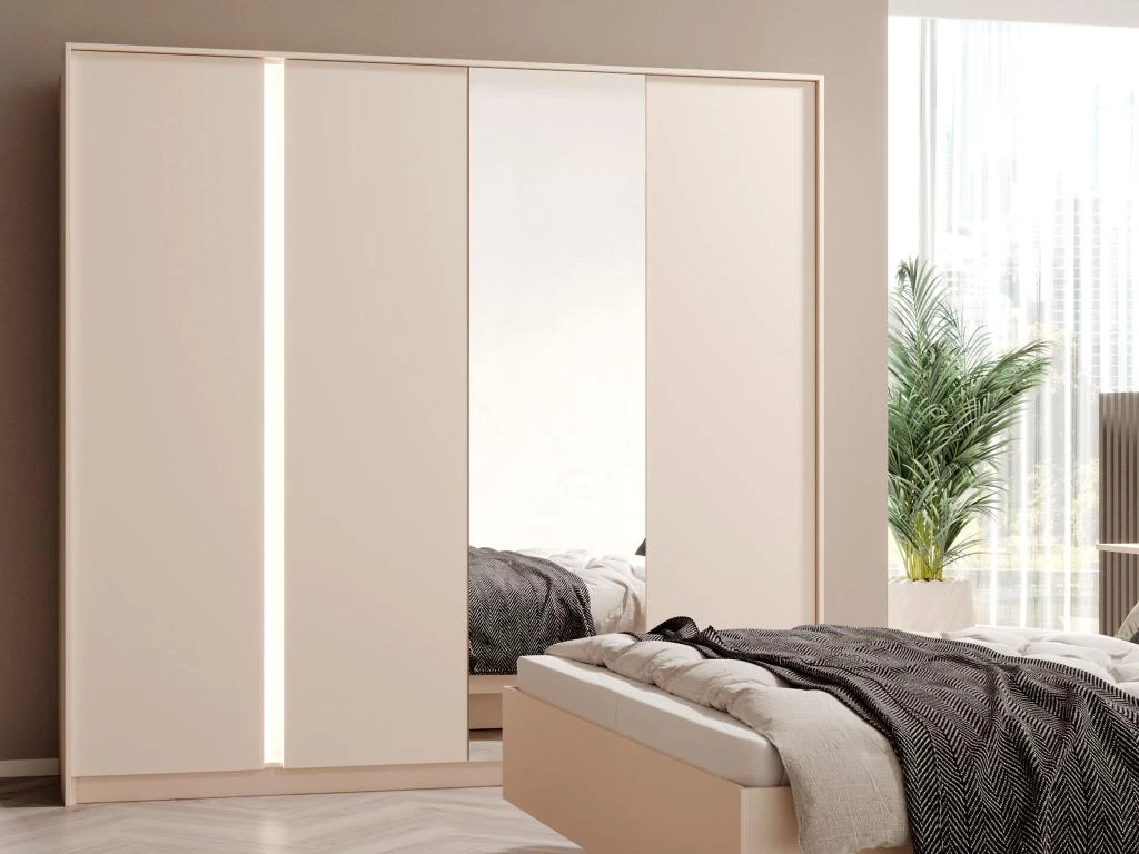 Armoire 4 Portes - Miroir Et LEDs - L223 Cm - Beige - ELYNIA 4 Armoire 4 Portes - Miroir Et LEDs - L223 Cm - Beige - ELYNIA – Image 2