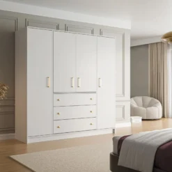 Armoire 4 Portes Et 3 Tiroirs - L196 Cm - Blanc - LIZANDRO