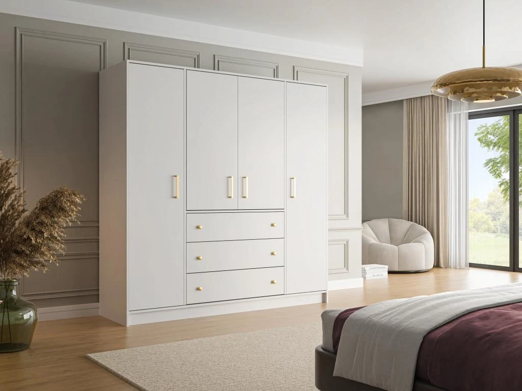 Armoire 4 Portes Et 3 Tiroirs - L196 Cm - Blanc - LIZANDRO 3 Armoire 4 Portes Et 3 Tiroirs - L196 Cm - Blanc - LIZANDRO