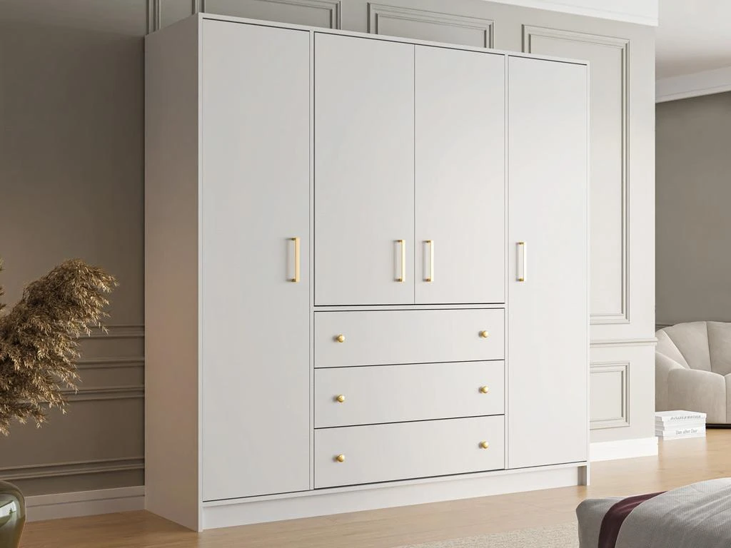 Armoire 4 Portes Et 3 Tiroirs - L196 Cm - Blanc - LIZANDRO 4 Armoire 4 Portes Et 3 Tiroirs - L196 Cm - Blanc - LIZANDRO – Image 2