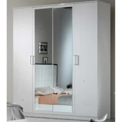 Armoire 4 Portes Battantes 2 Miroirs Laqué Blanc Brillant - AREZZO - L 182 X L 63 X H 210 Cm