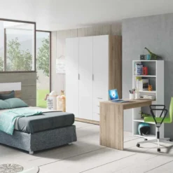 Armoire 3 Portes 3 Tiroirs Blanc/Chêne Clair - TAKAROS - L 121 X L 52 X H 180 Cm