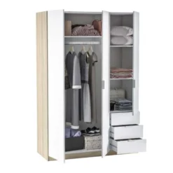 Armoire 3 Portes 3 Tiroirs Blanc/Chêne Clair - TAKAROS - L 121 X L 52 X H 180 Cm 9 Armoire 3 Portes 3 Tiroirs Blanc/Chêne Clair - TAKAROS - L 121 X L 52 X H 180 Cm -Sominova Soldes Boutique armoire et dressing 19721245
