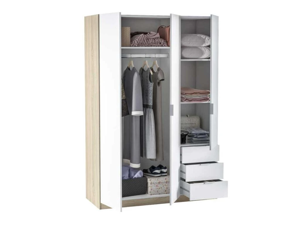 Armoire 3 Portes 3 Tiroirs Blanc/Chêne Clair - TAKAROS - L 121 X L 52 X H 180 Cm 5 Armoire 3 Portes 3 Tiroirs Blanc/Chêne Clair - TAKAROS - L 121 X L 52 X H 180 Cm – Image 3
