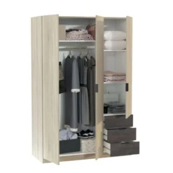 Armoire 3 Portes 3 Tiroirs Béton/Chêne Clair - CALIA - L 121 X L 52 X H 180 Cm -Sominova Soldes Boutique armoire et dressing 19721263