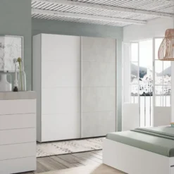 Armoire 2 Portes Coulissantes Blanc/Béton Ciré Clair - SPARTAN - L 150 X L 60 X H 200 Cm