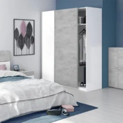 Armoire 2 Portes Coulissantes Blanc/Béton Ciré Clair - SPARTAN - L 150 X L 60 X H 200 Cm -Sominova Soldes Boutique armoire et dressing 19721307