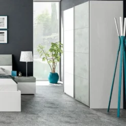 Armoire 2 Portes Coulissantes Blanc/Béton Ciré Clair - SPARTAN - L 150 X L 60 X H 200 Cm -Sominova Soldes Boutique armoire et dressing 19721311