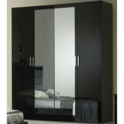 Armoire 4 Portes Battantes 2 Miroirs Laqué Noir Brillant - AREZZO - L 182 X L 63 X H 210 Cm