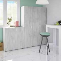 Armoire Haute 2 Portes Battantes Blanc/Béton - SIMINTI - L 80 X L 37 X H 182 Cm