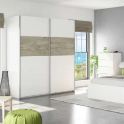 Armoire 2 Portes Coulissantes Blanc/Chêne - COPILA - L 180 X L 60 X H 200 Cm