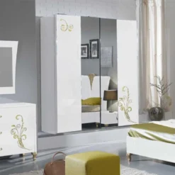 Armoire 2 Portes Coulissantes Laqué Blanc Brillant / Or - SEBORGA - L 182 X L 63 X H 210 Cm -Sominova Soldes Boutique armoire et dressing 19721615