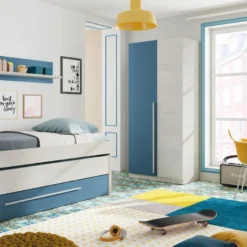 Armoire 2 Portes Battantes Bois Blanchi/Bleu - RIVERSIDE - L 90 X L 52 X H 200 Cm -Sominova Soldes Boutique armoire et dressing 19721683