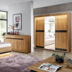 Armoire 3 Portes Coulissantes Miroir Chêne/Gris à Led - CRACOVIE - L 234 X L 62 X H 210 Cm -Sominova Soldes Boutique armoire et dressing 19721755