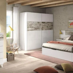 Armoire 2 Portes Coulissantes Blanc/Bois Blanchi - COPIST - L 180 X L 63 X H 200 Cm -Sominova Soldes Boutique armoire et dressing 19721793