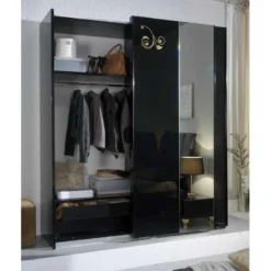 Armoire 2 Portes Coulissantes Laqué Noir Brillant / Or - SEBORGA - L 182 X L 63 X H 210 Cm 8 Armoire 2 Portes Coulissantes Laqué Noir Brillant / Or - SEBORGA - L 182 X L 63 X H 210 Cm -Sominova Soldes Boutique armoire et dressing 19721859
