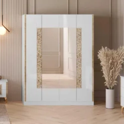 Armoire 4 Portes Battantes Blanc Brillant/Or - NAHESA - L 162 X L 53 X H 212 Cm
