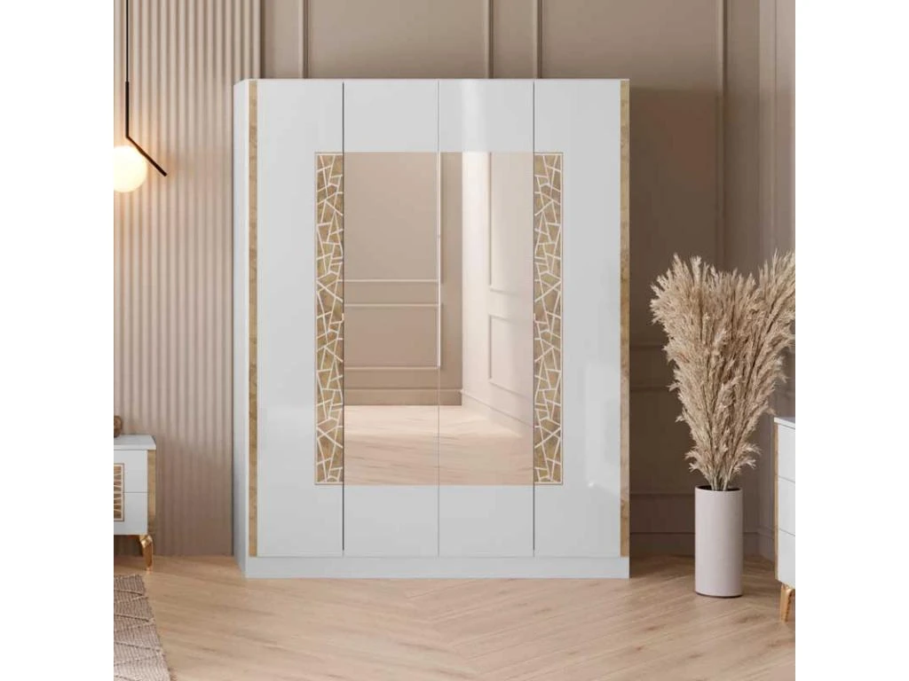 Armoire 4 Portes Battantes Blanc Brillant/Or - NAHESA - L 162 X L 53 X H 212 Cm 3 Armoire 4 Portes Battantes Blanc Brillant/Or - NAHESA - L 162 X L 53 X H 212 Cm