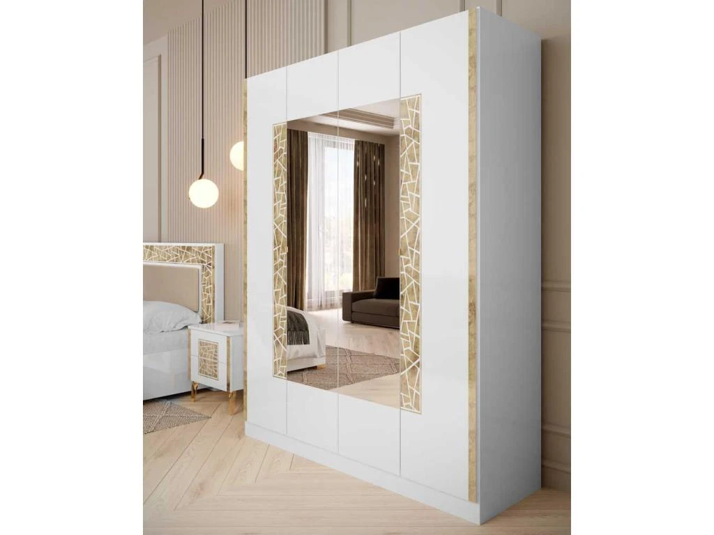 Armoire 4 Portes Battantes Blanc Brillant/Or - NAHESA - L 162 X L 53 X H 212 Cm 4 Armoire 4 Portes Battantes Blanc Brillant/Or - NAHESA - L 162 X L 53 X H 212 Cm – Image 2