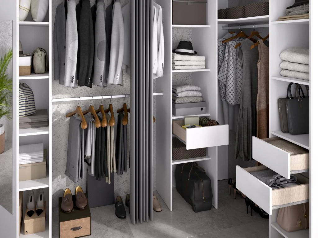 Dressing D'angle Avec Rideau Et 1 Porte - Avec Miroir - L231 Cm - Blanc Et Gris - BERTRAND 4 Dressing D'angle Avec Rideau Et 1 Porte - Avec Miroir - L231 Cm - Blanc Et Gris - BERTRAND – Image 2
