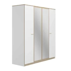 Armoire 4 Portes 2 Miroirs Blanc/Chêne Blond - MAILLE
