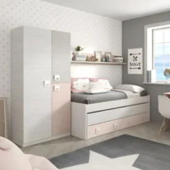 Armoire 3 Portes Battantes Bois Blanchi/Rose - LOMLOM - L 90 X L 52 X H 200 Cm -Sominova Soldes Boutique armoire et dressing 21266811