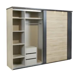 Armoire 280 Cm 2 Portes Coulissantes + Leds Chêne Naturel/Noir - ZEUS -Sominova Soldes Boutique armoire et dressing 22076477