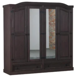 New Mexico Armoire 4 Portes Avec 2 Portes Miroir, 2 Portes Pleines Et 2 Tiroirs, Largeur 194 Cm, Hauteur 193 Cm, Finition Style Colonial.