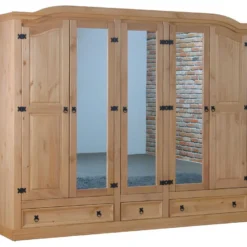 New Mexico Armoire 5 Portes Avec 3 Portes Miroirs, 2 Portes Lambrissées Et 3 Tiroirs, Délavés, Cirés.