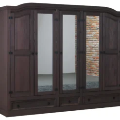 New Mexico Armoire 5 Portes Avec 3 Portes Miroirs, 2 Portes Lambrissées Et 3 Tiroirs, Finition Ciré En Style Colonial.