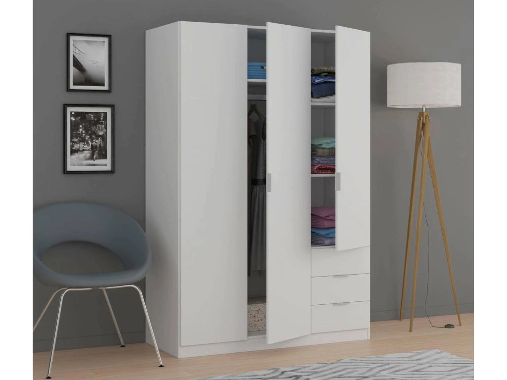 Vestiaire Dnespol, Armoire De Chambre à 3 Portes Et 3 Tiroirs, Armoire Avec 3 étagères Et Barre De Cintre, 121x52h180 Cm, Blanc 4 Vestiaire Dnespol, Armoire De Chambre à 3 Portes Et 3 Tiroirs, Armoire Avec 3 étagères Et Barre De Cintre, 121x52h180 Cm, Blanc – Image 2