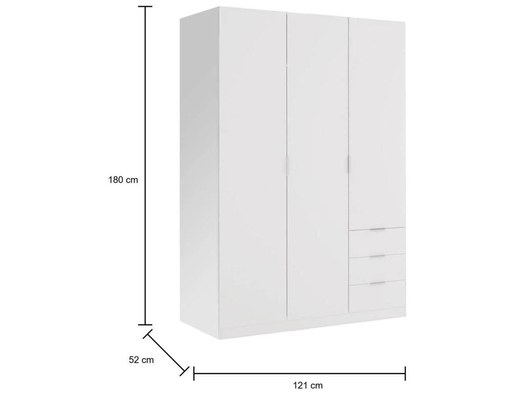 Vestiaire Dnespol, Armoire De Chambre à 3 Portes Et 3 Tiroirs, Armoire Avec 3 étagères Et Barre De Cintre, 121x52h180 Cm, Blanc 5 Vestiaire Dnespol, Armoire De Chambre à 3 Portes Et 3 Tiroirs, Armoire Avec 3 étagères Et Barre De Cintre, 121x52h180 Cm, Blanc – Image 3