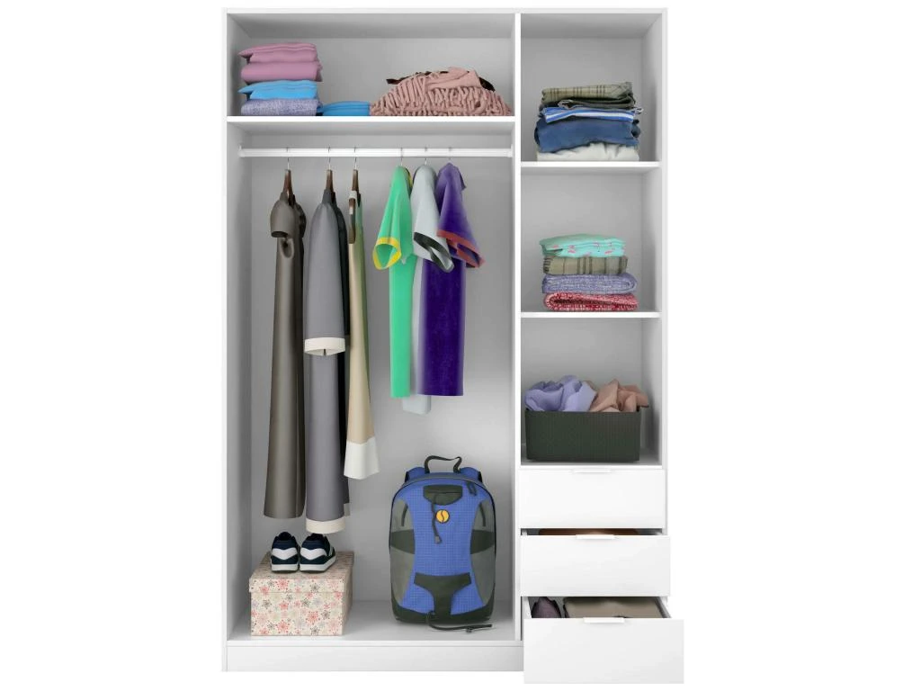 Vestiaire Dnespol, Armoire De Chambre à 3 Portes Et 3 Tiroirs, Armoire Avec 3 étagères Et Barre De Cintre, 121x52h180 Cm, Blanc 7 Vestiaire Dnespol, Armoire De Chambre à 3 Portes Et 3 Tiroirs, Armoire Avec 3 étagères Et Barre De Cintre, 121x52h180 Cm, Blanc – Image 5