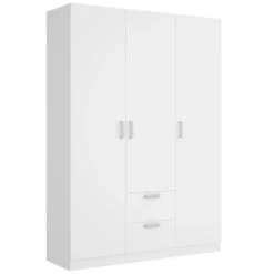 Armoire Argentella, Portemanteau Pour Chambre, Armoire Avec 3 Portes Battantes Et 2 Tiroirs, 150x52h215 Cm, Blanc