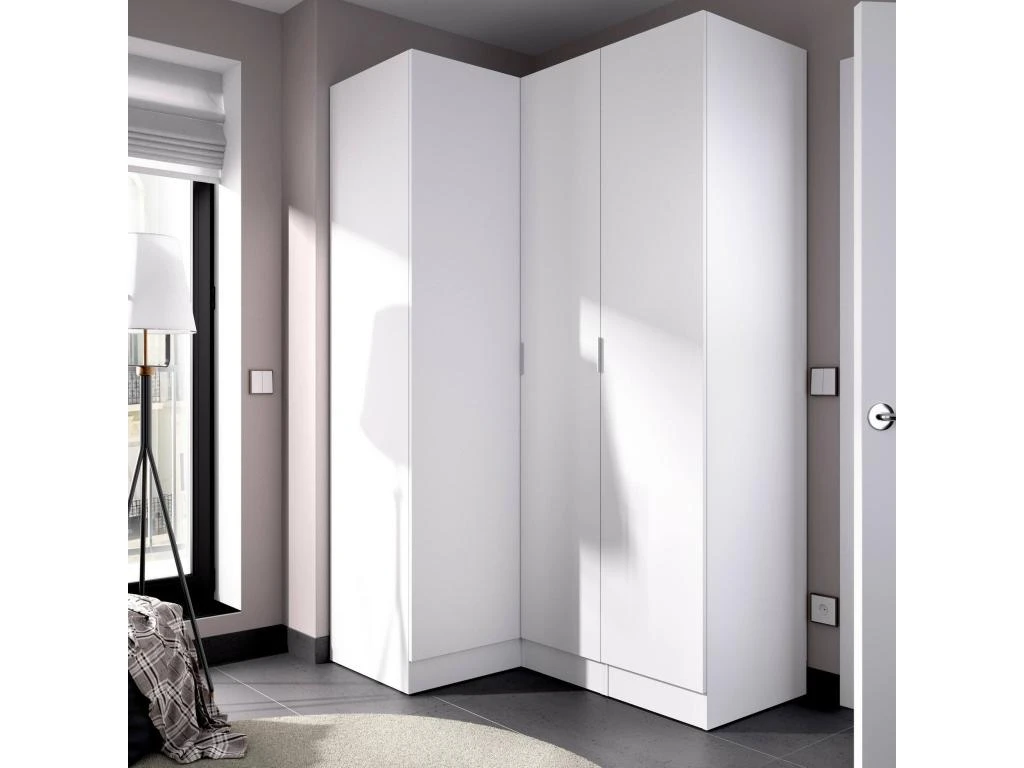 Armoire Meru, Meuble D'angle Pour Chambre, Armoire D'angle Avec 3 Portes Battantes, 133x91h184 Cm, Blanc 4 Armoire Meru, Meuble D'angle Pour Chambre, Armoire D'angle Avec 3 Portes Battantes, 133x91h184 Cm, Blanc – Image 2