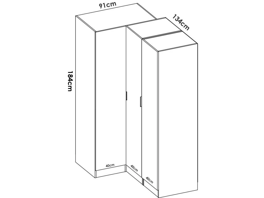 Armoire Meru, Meuble D'angle Pour Chambre, Armoire D'angle Avec 3 Portes Battantes, 133x91h184 Cm, Blanc 5 Armoire Meru, Meuble D'angle Pour Chambre, Armoire D'angle Avec 3 Portes Battantes, 133x91h184 Cm, Blanc – Image 3