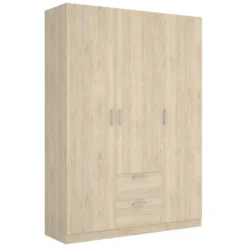 Armoire Argentella, Portemanteau Pour Chambre, Armoire Avec 3 Portes Battantes Et 2 Tiroirs, 150x52h215 Cm, Chêne