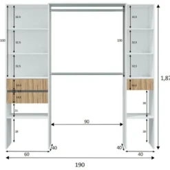 Armoire Worland, Meubles De Chambre à Coucher, Cintre Avec étagères Et Tiroirs 3, 196x40h187 Cm, Blanc Et Chêne -Sominova Soldes Boutique armoire et dressing 22792417