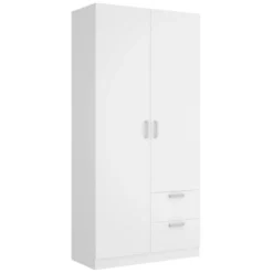 Armoire Velino, Portemanteau Pour Chambre, Armoire Avec 2 Portes Battantes Et 2 Tiroirs, 100x52h215 Cm, Blanc