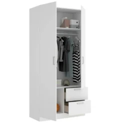 Armoire Velino, Portemanteau Pour Chambre, Armoire Avec 2 Portes Battantes Et 2 Tiroirs, 100x52h215 Cm, Blanc -Sominova Soldes Boutique armoire et dressing 22792583