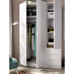 Armoire Cimone, Portemanteau Pour Chambre, Armoire Avec 3 Portes Battantes Et 3 Tiroirs, 121x52h184 Cm, Blanc -Sominova Soldes Boutique armoire et dressing 22793095