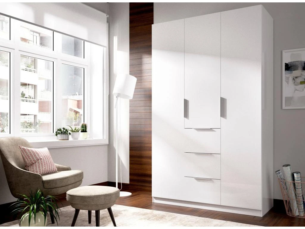 Armoire Falterona, Portemanteau Pour Chambre, Armoire Avec 3 Portes Battantes Et 3 Tiroirs, 135x52h204 Cm, Blanc 4 Armoire Falterona, Portemanteau Pour Chambre, Armoire Avec 3 Portes Battantes Et 3 Tiroirs, 135x52h204 Cm, Blanc – Image 2