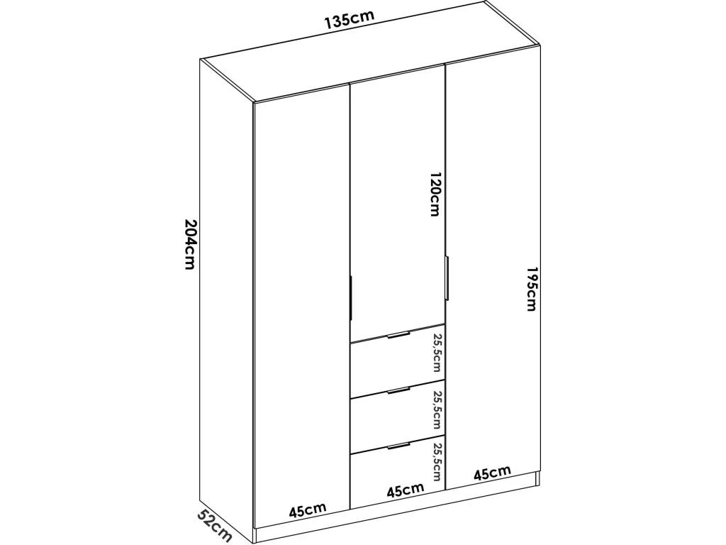Armoire Falterona, Portemanteau Pour Chambre, Armoire Avec 3 Portes Battantes Et 3 Tiroirs, 135x52h204 Cm, Blanc 5 Armoire Falterona, Portemanteau Pour Chambre, Armoire Avec 3 Portes Battantes Et 3 Tiroirs, 135x52h204 Cm, Blanc – Image 3